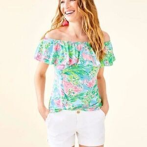 Lilly Pulitzer La Fortuna Off The Shoulder Flamingo Print Ruffle Top Size XS